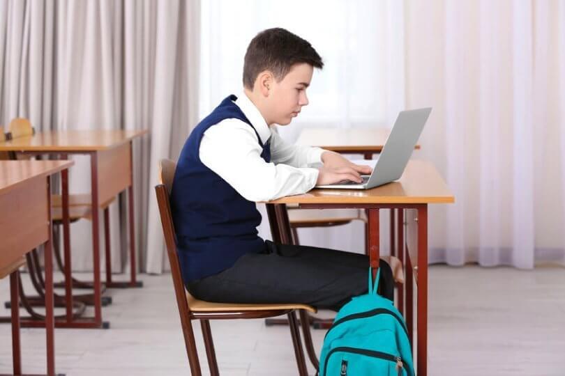 Proper sitting posture - boy working on computer at desk in school - Posture Exercises Method - Fruit-Powered