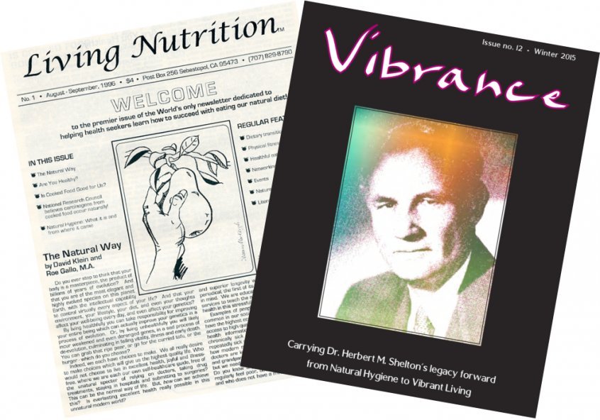 Modern-day raw food movement history - Living Nutrition and Vibrance magazine covers - Dr. David Klein - Fruit-Powered