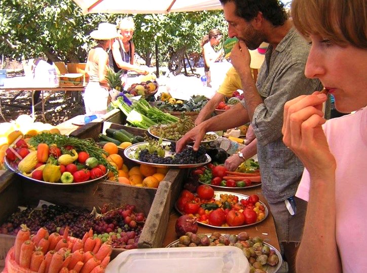 Modern-day raw food movement history - Rawstock - man and woman eat fruit at potluck - Fruit-Powered